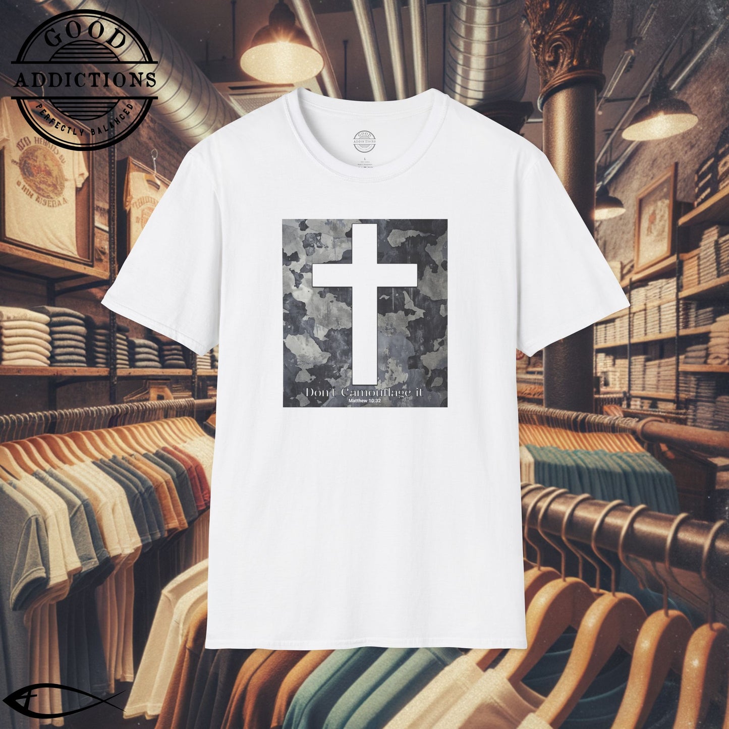 Don’t Camouflage It T-Shirt – “White Cross on Camo” Bold Christian Tee for Faith Warriors, Believers & Soldiers of Christ
