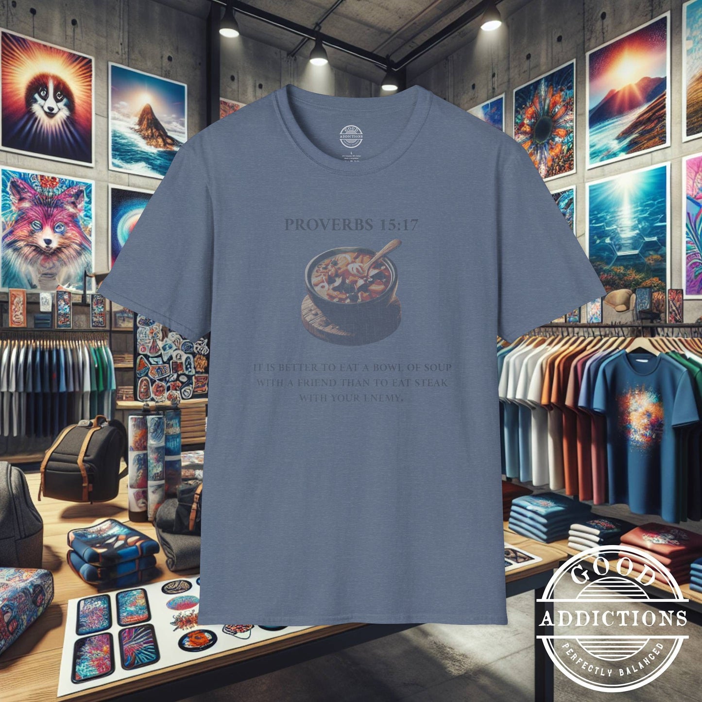 Proverbs 15:17 T-Shirt β Christian Graphic Tee with Bowl of Soup β Humble Faith & Love Over Luxury