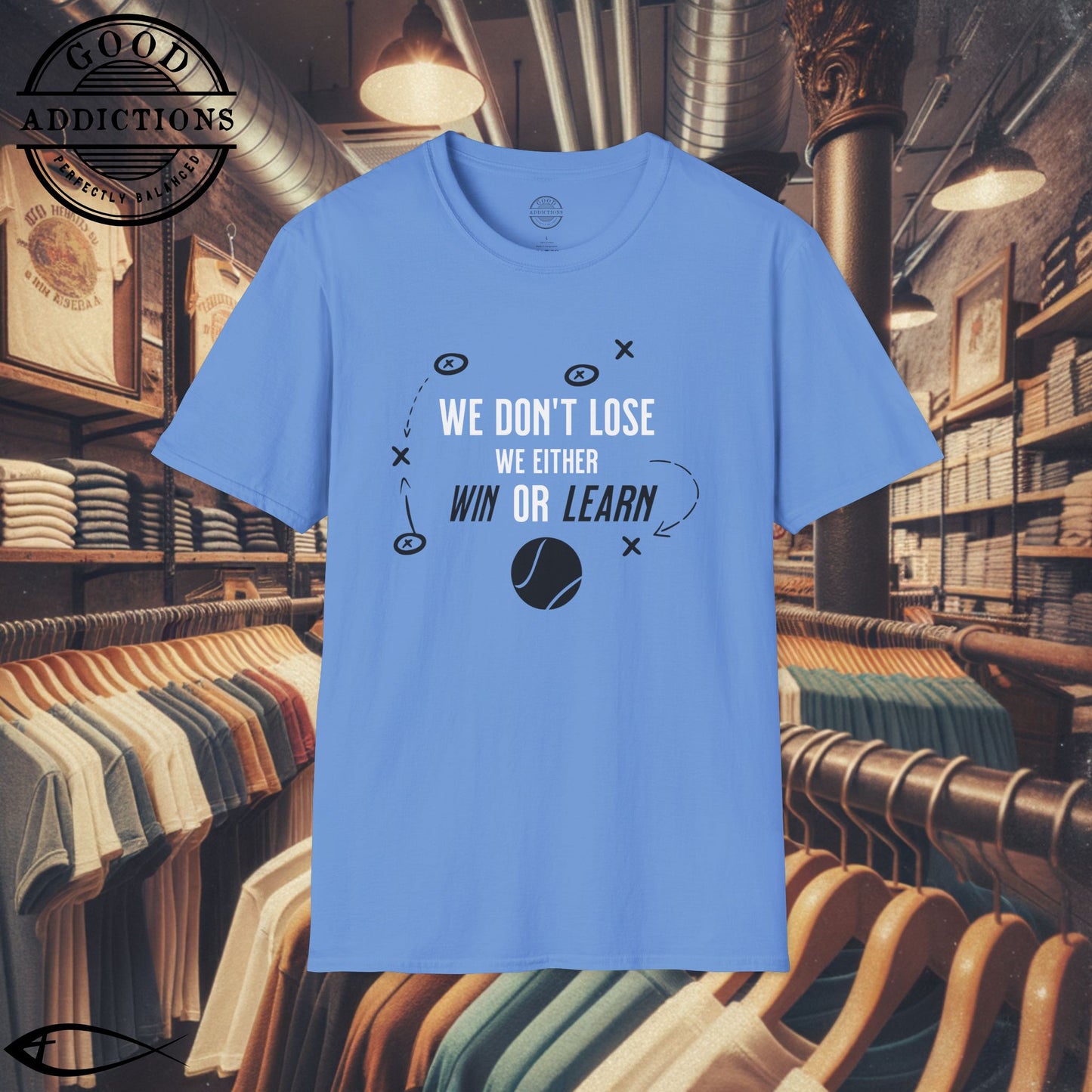 We Don’t Lose, We Either Win or Learn T-Shirt – Motivational Tennis Tee for Players & Coaches