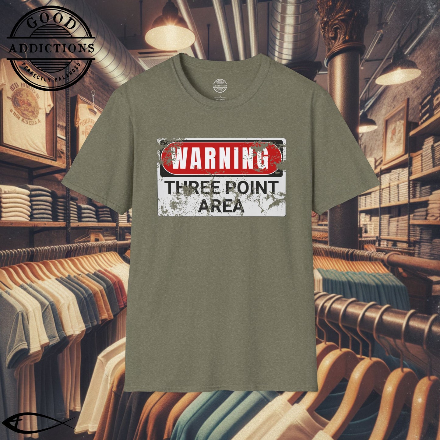 Three Point Area T-Shirt – “Warning Sign Graphic” Basketball Shooter Tee for Players, Fans & Court Snipers