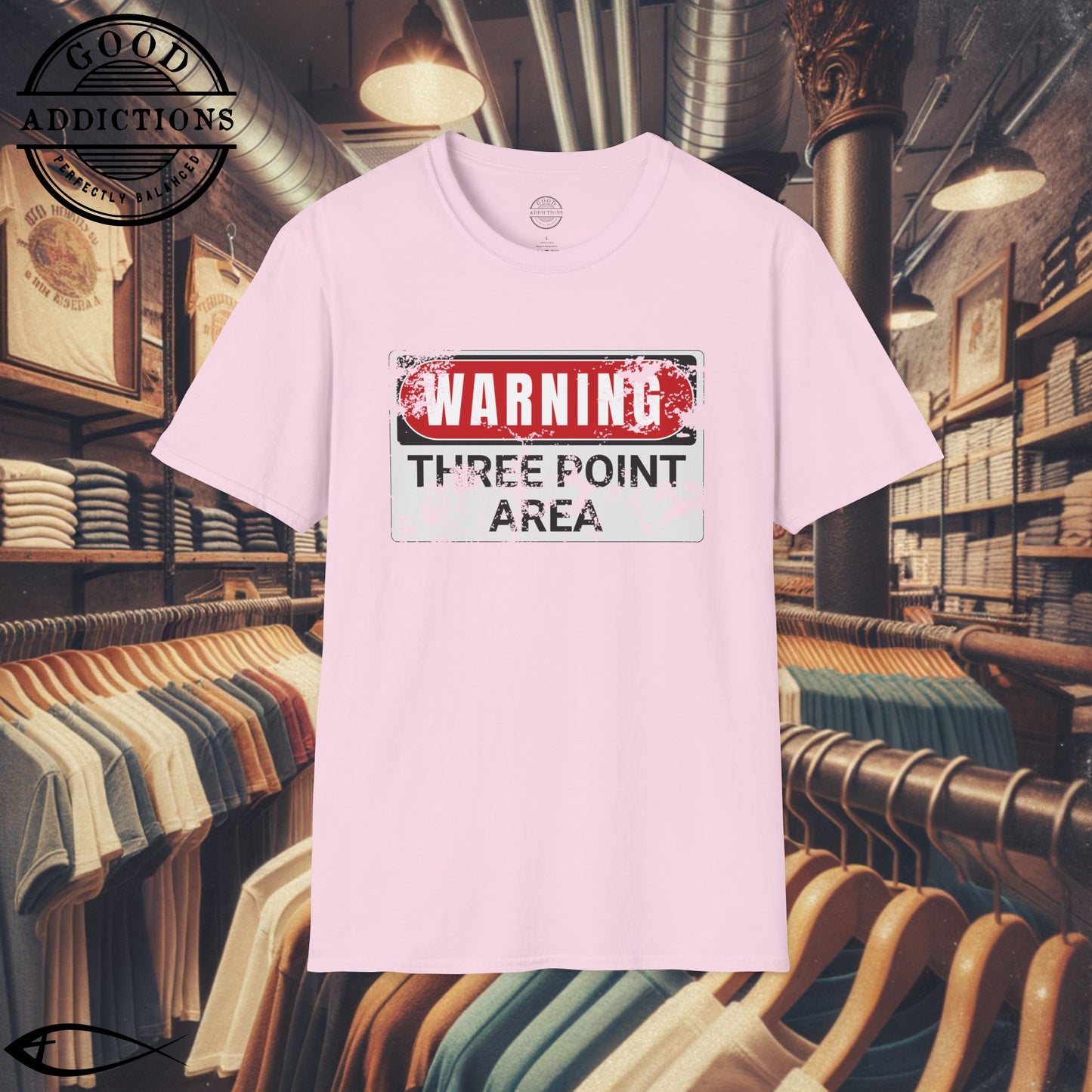 Three Point Area T-Shirt – “Warning Sign Graphic” Basketball Shooter Tee for Players, Fans & Court Snipers