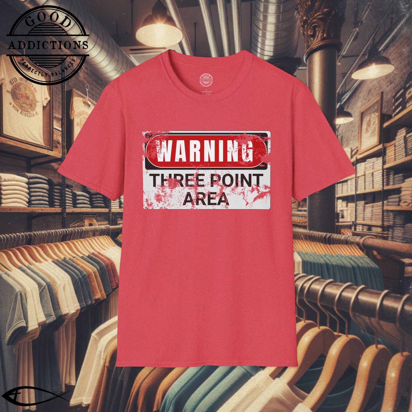 Three Point Area T-Shirt – “Warning Sign Graphic” Basketball Shooter Tee for Players, Fans & Court Snipers