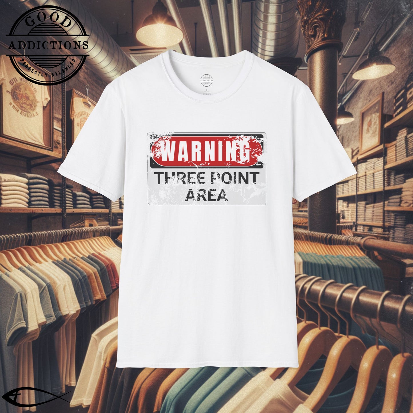 Three Point Area T-Shirt – “Warning Sign Graphic” Basketball Shooter Tee for Players, Fans & Court Snipers