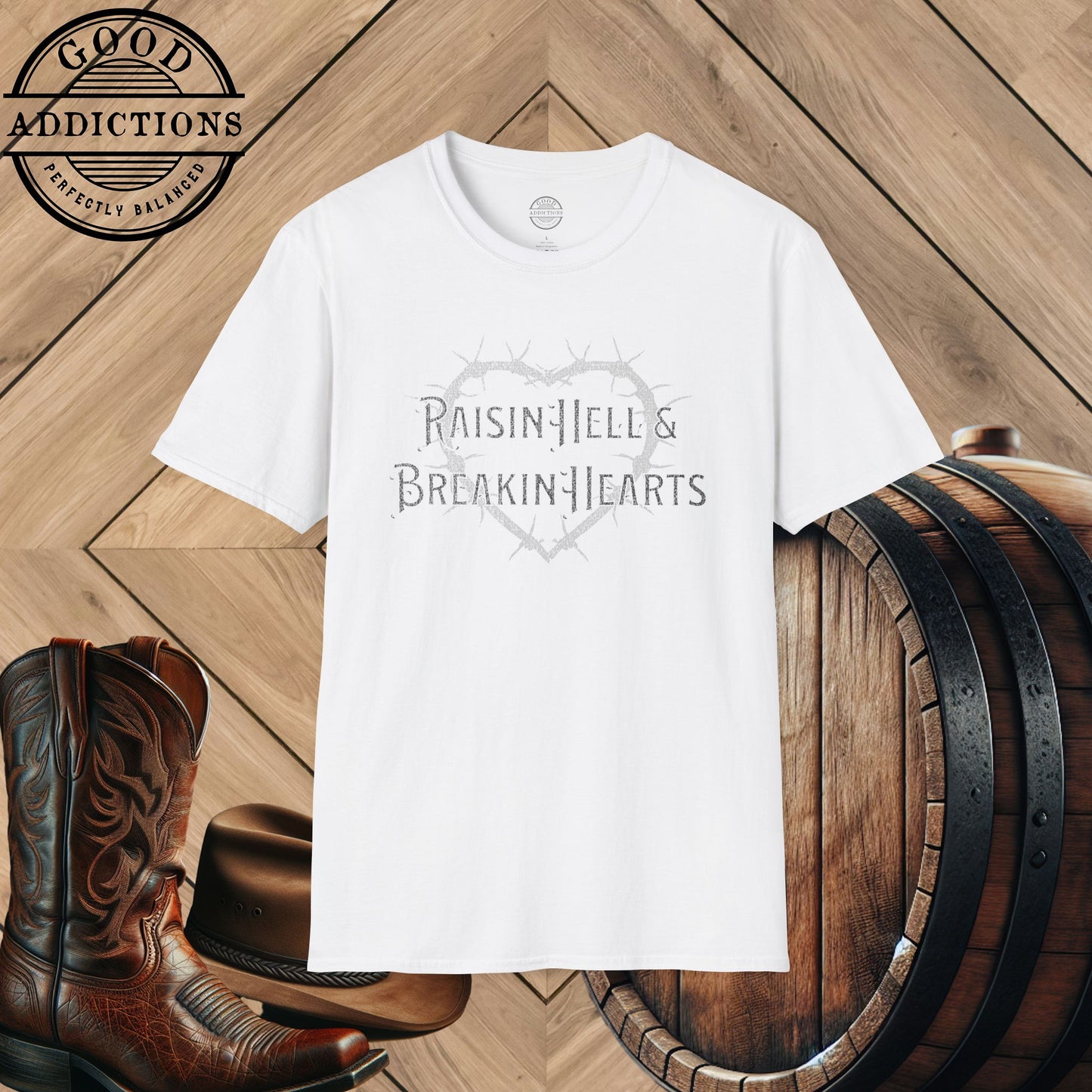 Raisin’ Hell & Breakin’ Hearts T-Shirt – Bold Country Graphic Tee for Rebels & Heartbreakers