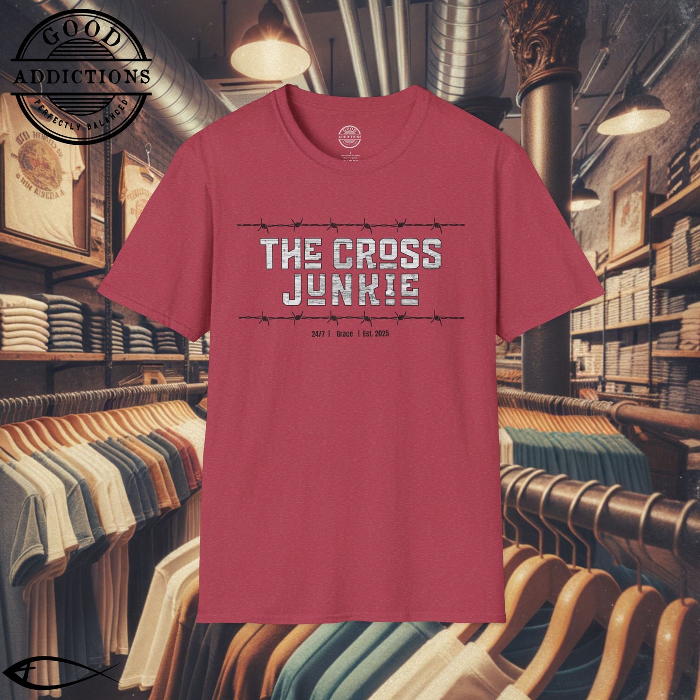 The Cross Junkie T-Shirt – “Barbed Wire Edition” Good Addictions Tee for Bold Believers, Faith Warriors & Jesus Followers