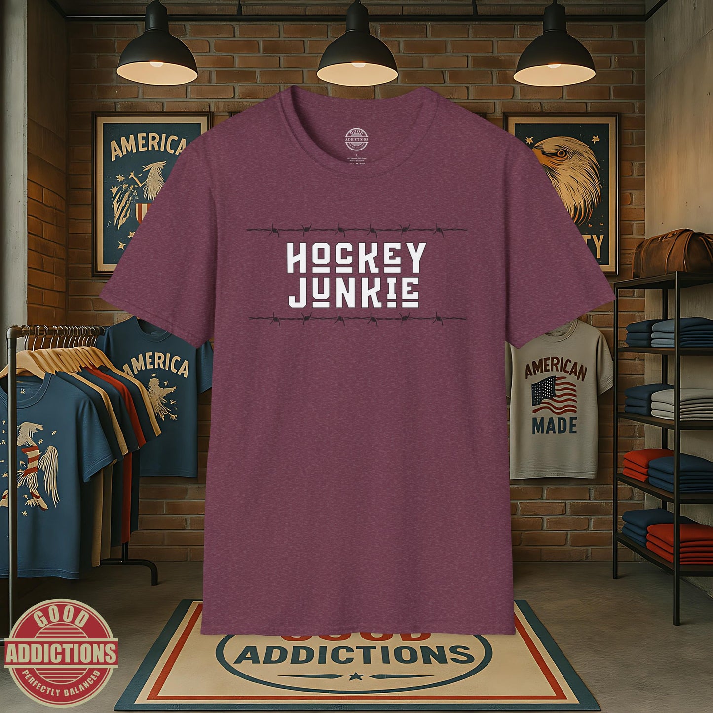 Hockey Junkie T-Shirt – “Barbed Wire Edition” Good Addictions Tee for Ice Warriors, Enforcers & Hockey Addicts