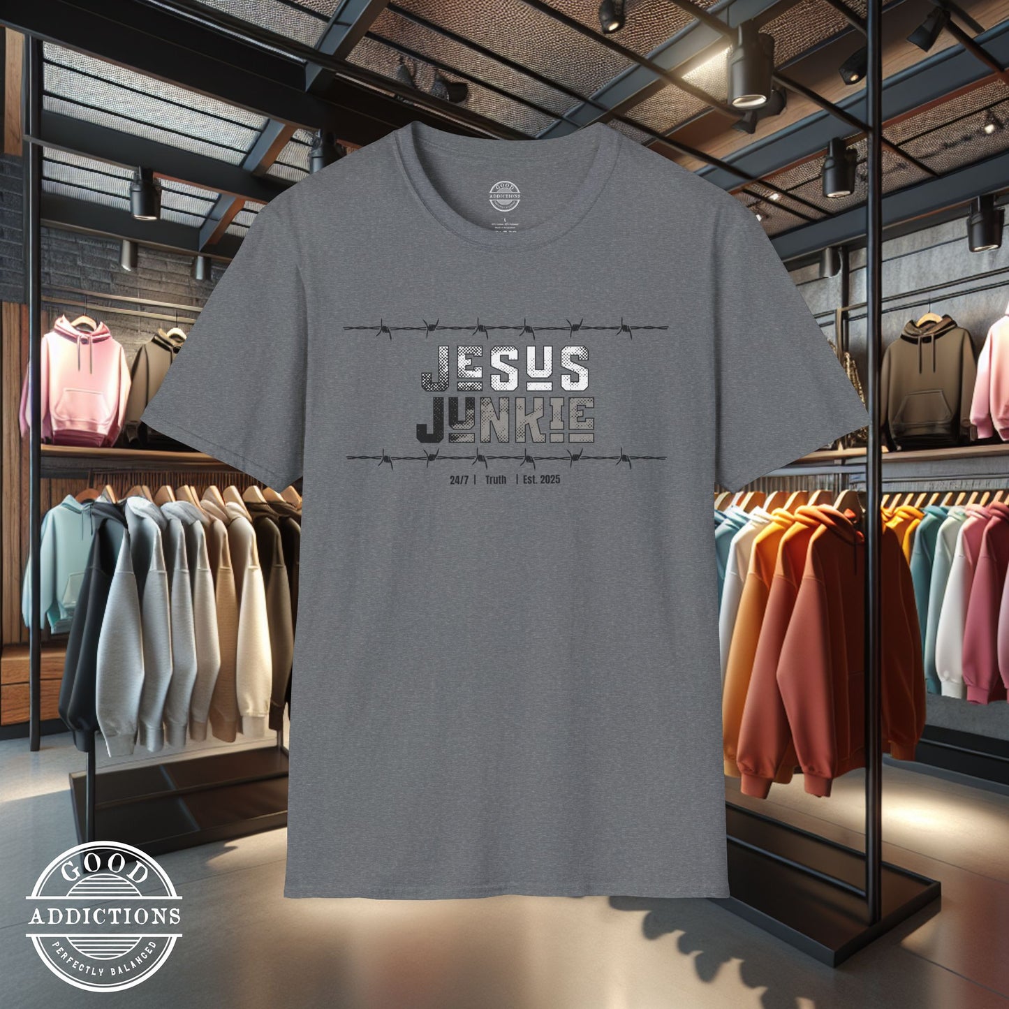 Jesus Junkie T-Shirt – “Barbed Wire Edition” Good Addictions Tee for Faith Warriors, Bold Believers & Kingdom Soldiers
