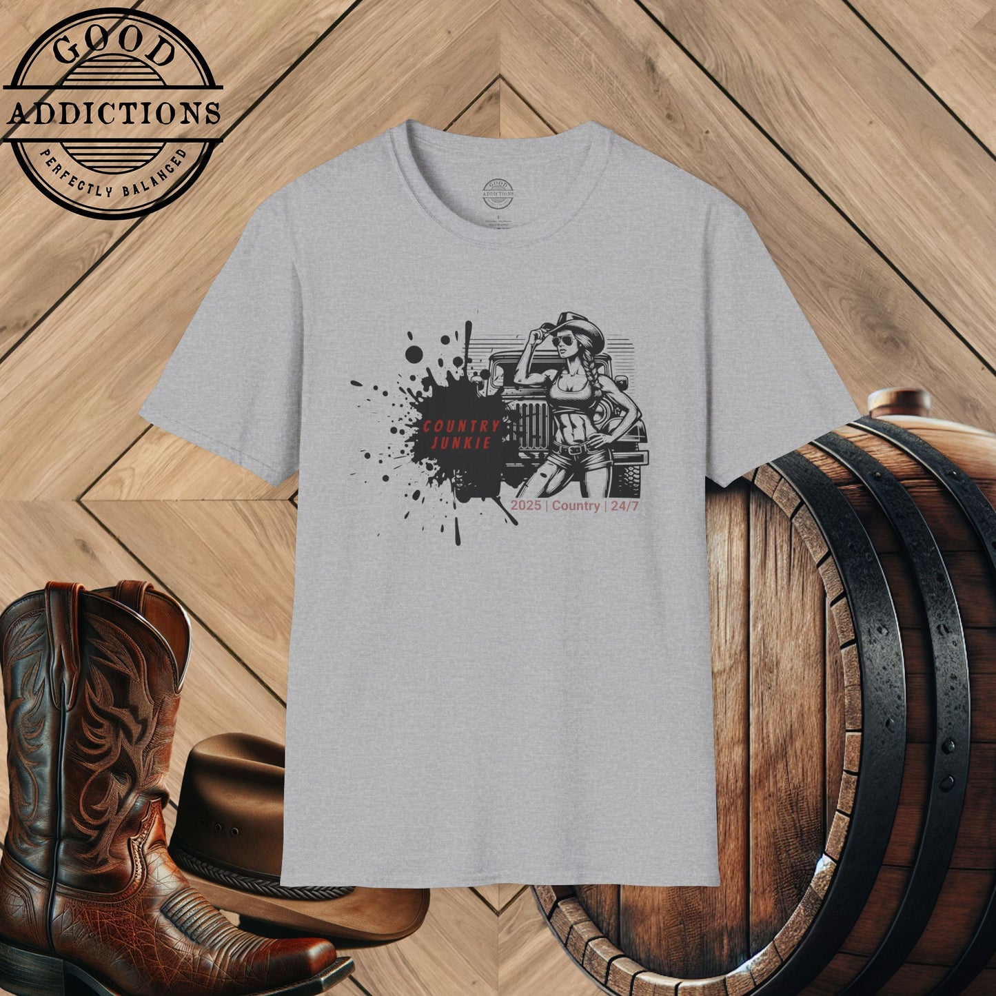 Country Junkie T-Shirt – “Cowgirl & Jeep” Good Addictions Tee for Rodeo Babes, Wild Souls & Southern Queens