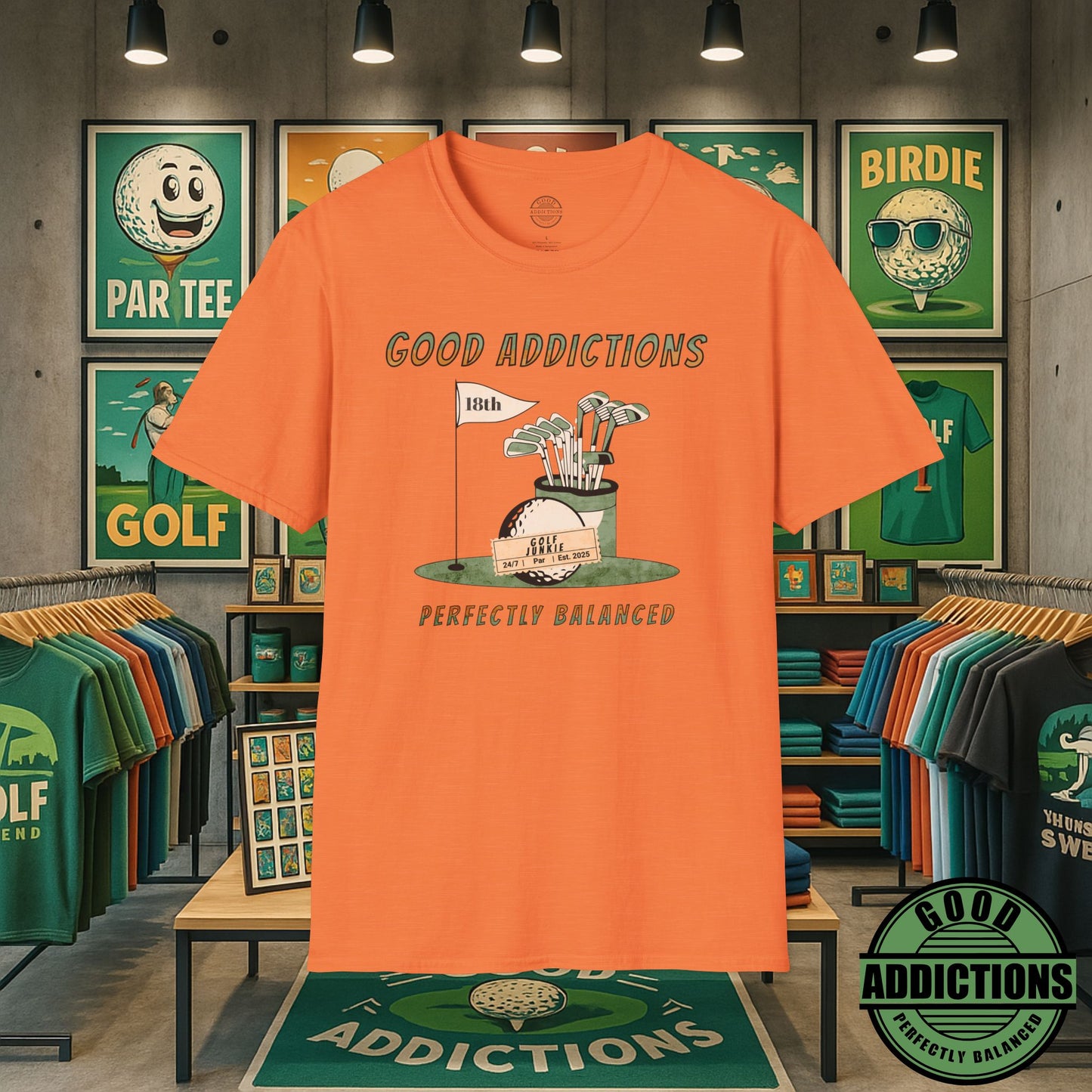 Perfectly Balanced Golf T-Shirt – “Good Addictions” Tee for Calm Competitors, Swing Seekers & Fairway Lovers