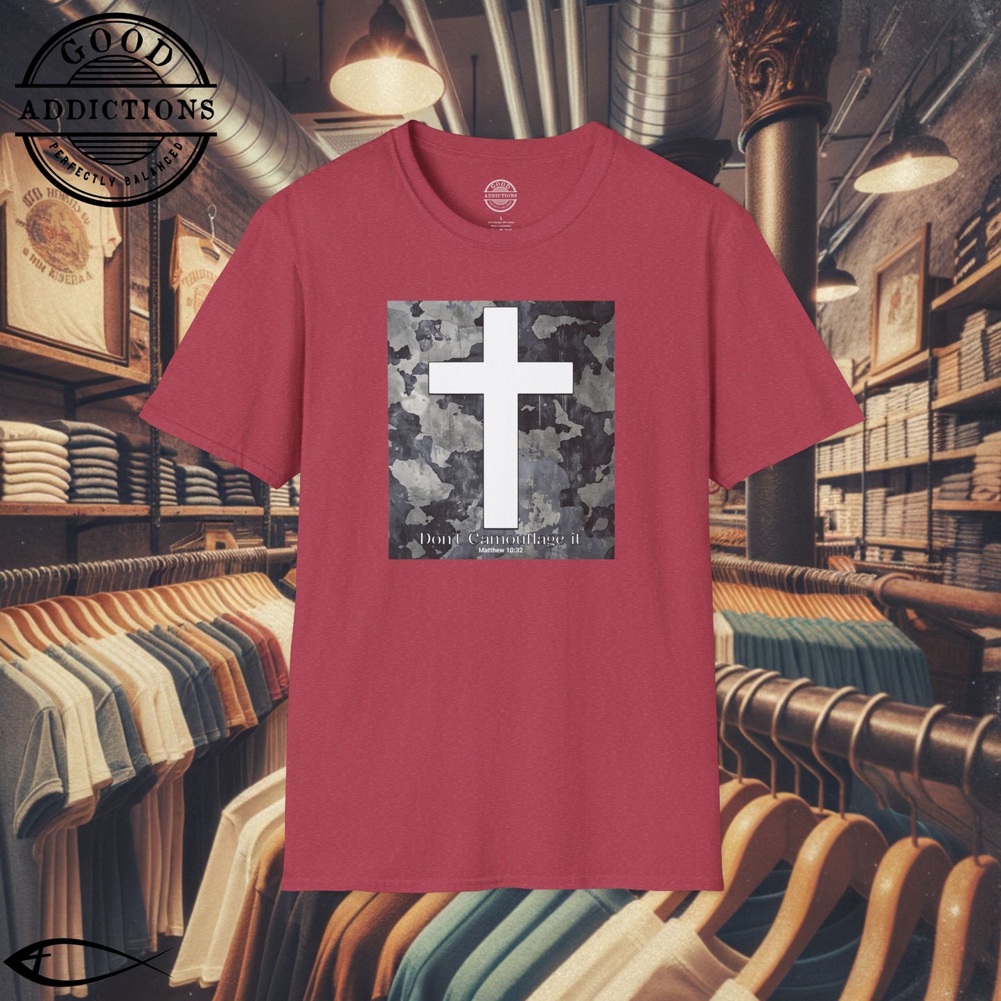 Don’t Camouflage It T-Shirt – “White Cross on Camo” Bold Christian Tee for Faith Warriors, Believers & Soldiers of Christ
