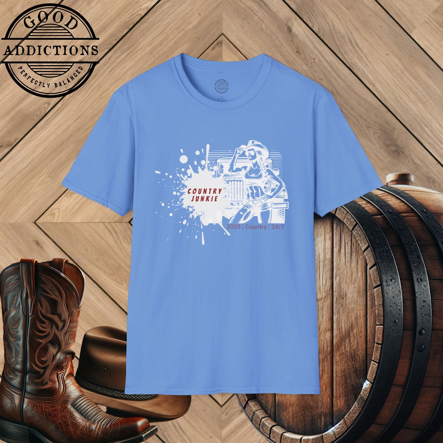 Country Junkie T-Shirt – “Cowgirl & Jeep” Good Addictions Tee for Rodeo Babes, Wild Souls & Southern Queens