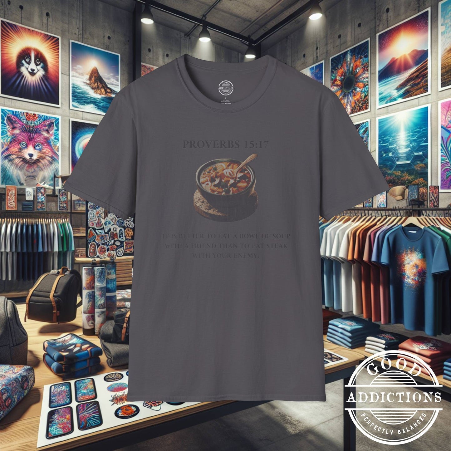 Proverbs 15:17 T-Shirt – Christian Graphic Tee with Bowl of Soup – Humble Faith & Love Over Luxury