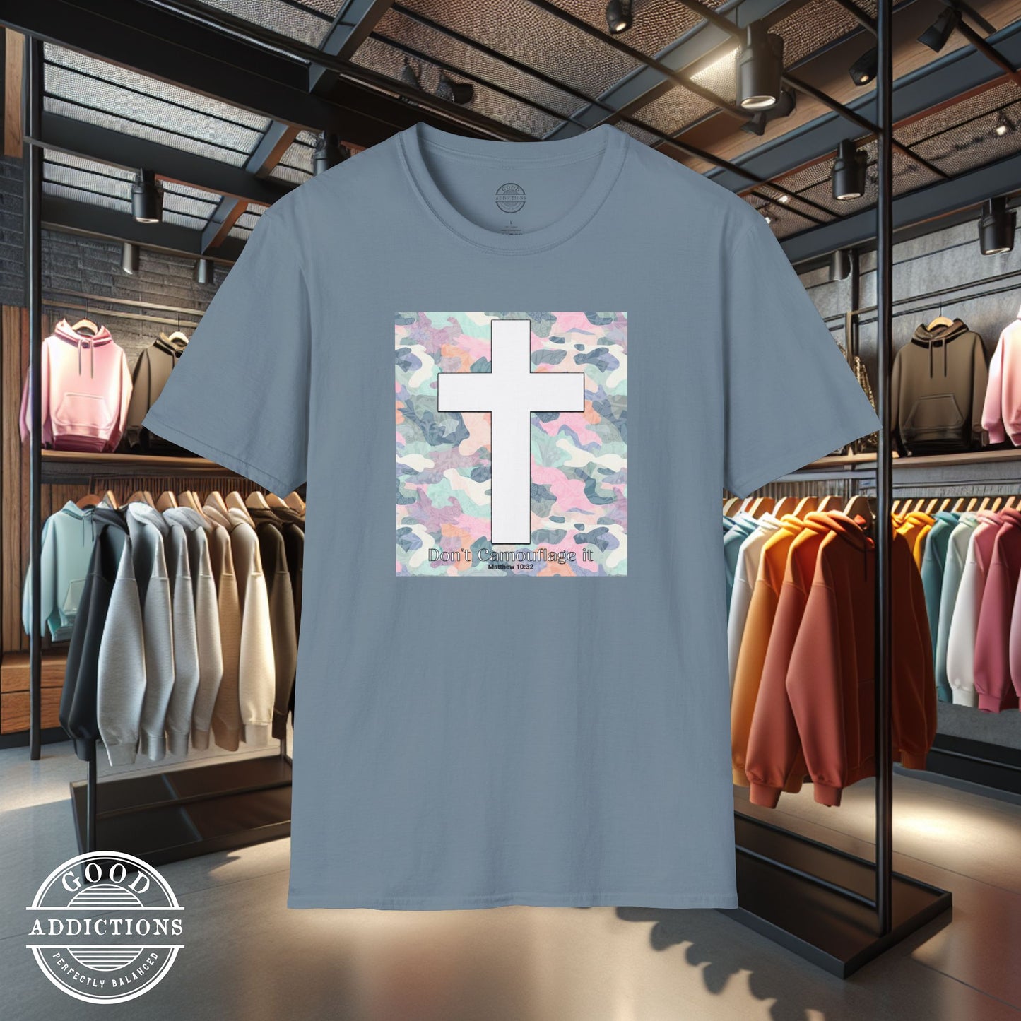 Faith T-Shirt – “Camo with White Cross” Bold Christian Tee for Spiritual Warriors, Believers & Kingdom Soldiers