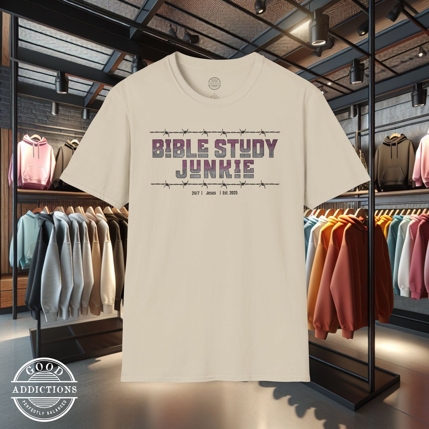 Bible Study Junkie T-Shirt – “Barbed Wire Edition” Good Addictions Tee for Faith Warriors, Word Seekers & Scripture Addicts