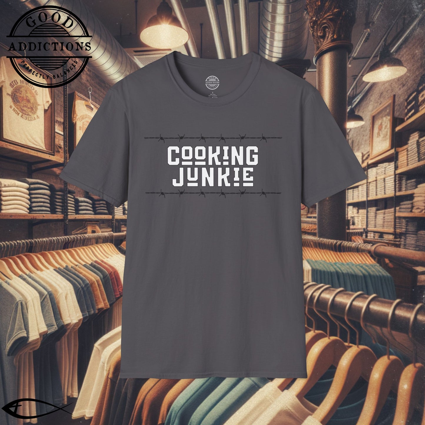 Cooking Junkie T-Shirt – “Barbed Wire Edition” Good Addictions Tee for Chefs, Foodies & Culinary Rebels