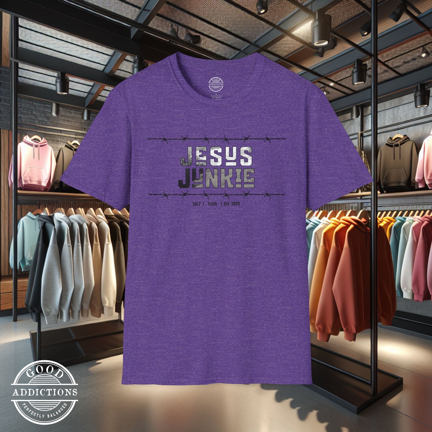 Jesus Junkie T-Shirt – “Barbed Wire Edition” Good Addictions Tee for Faith Warriors, Bold Believers & Kingdom Soldiers
