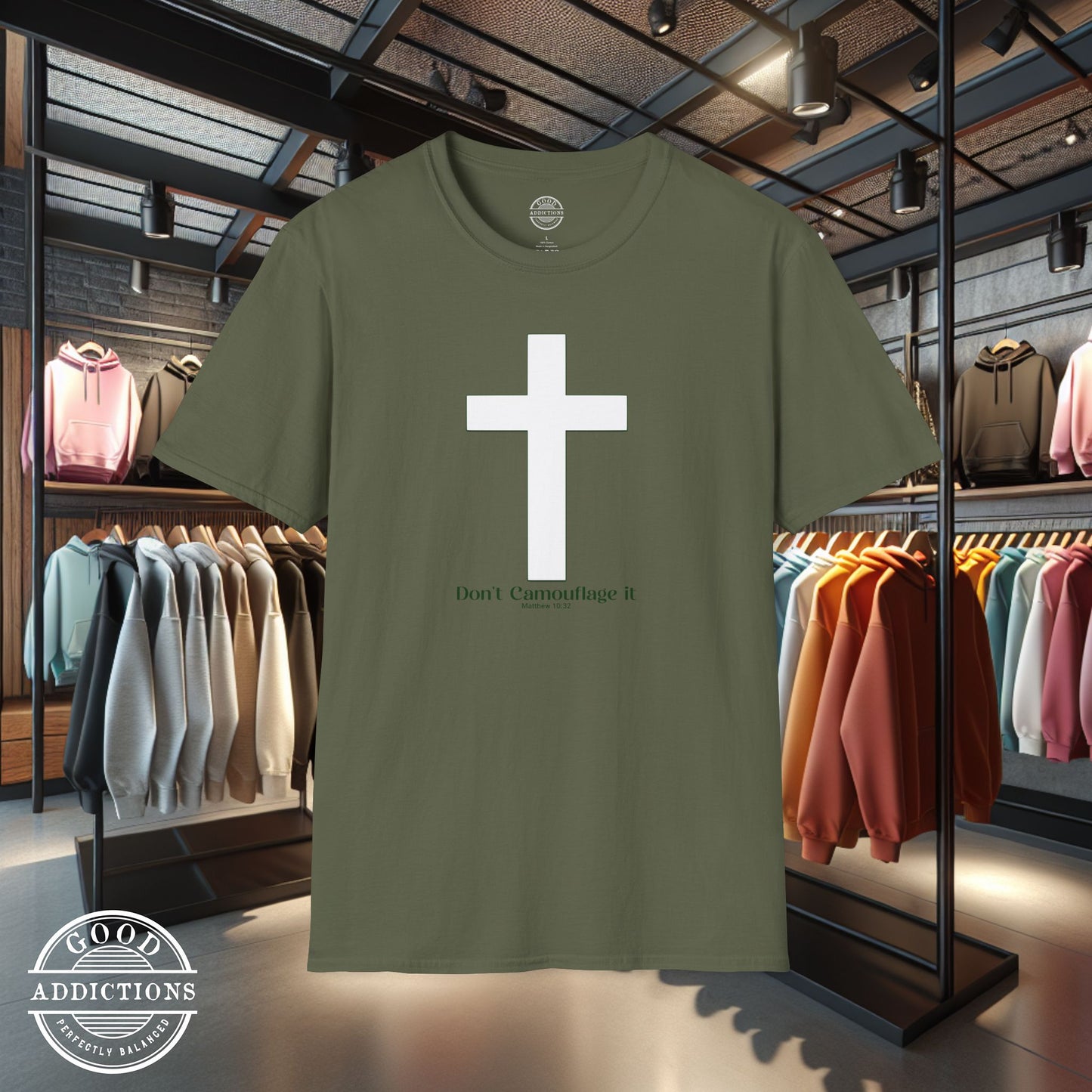 Don’t Camouflage It T-Shirt – “White Cross on Camo” Bold Christian Tee for Faith Warriors, Believers & Soldiers of Christ
