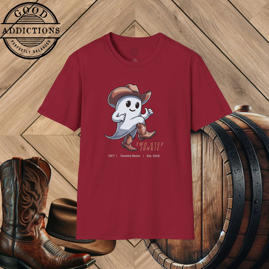Two Step Junkie T-Shirt – “Cowboy Ghost Edition” Funny Western Tee for Country Dancers, Honky Tonk Fans & Boot Scootin’ Souls