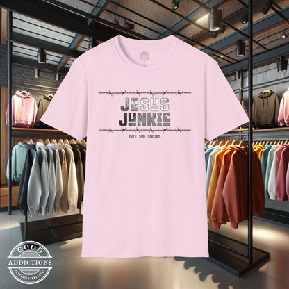 Jesus Junkie T-Shirt – “Barbed Wire Edition” Good Addictions Tee for Faith Warriors, Bold Believers & Kingdom Soldiers