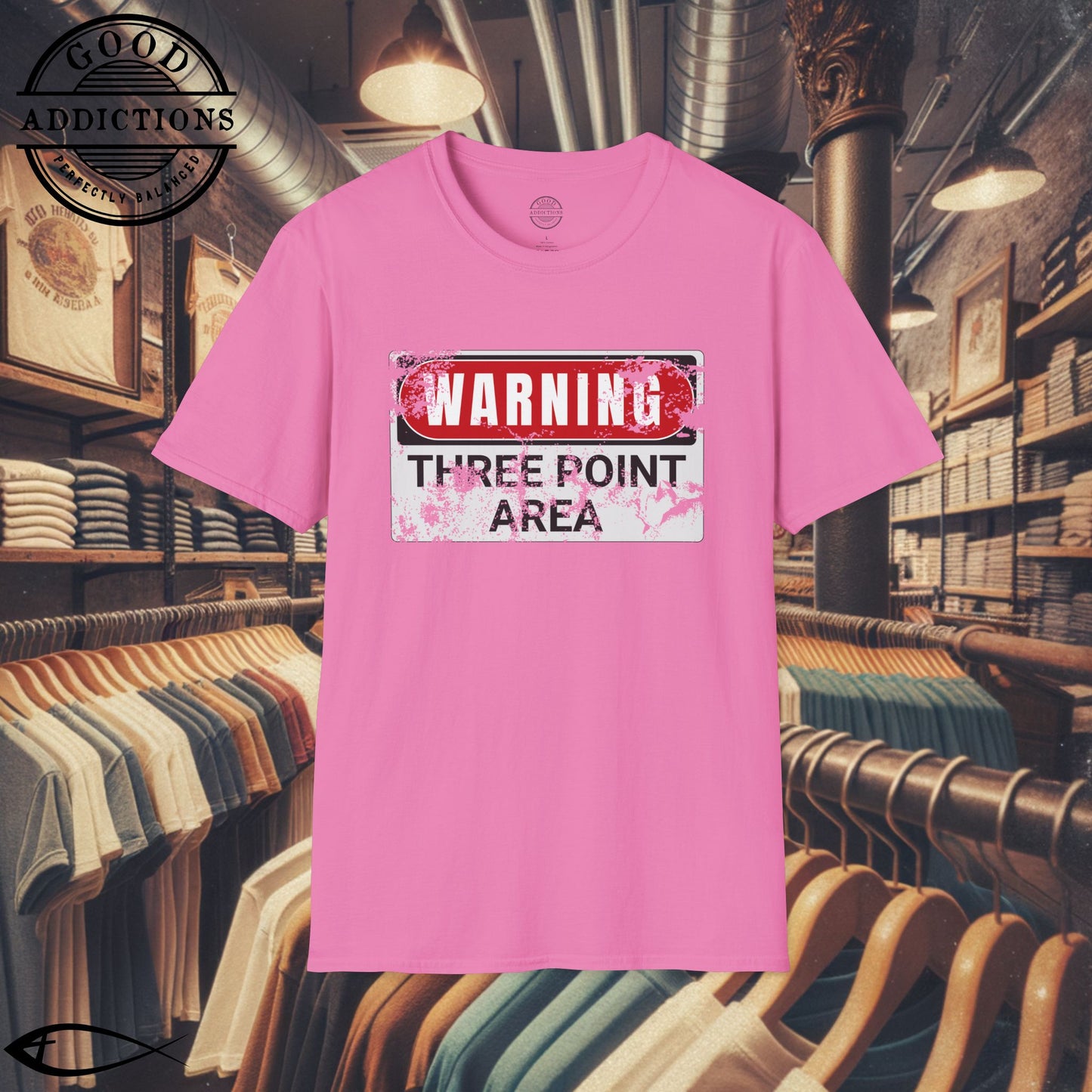 Three Point Area T-Shirt – “Warning Sign Graphic” Basketball Shooter Tee for Players, Fans & Court Snipers