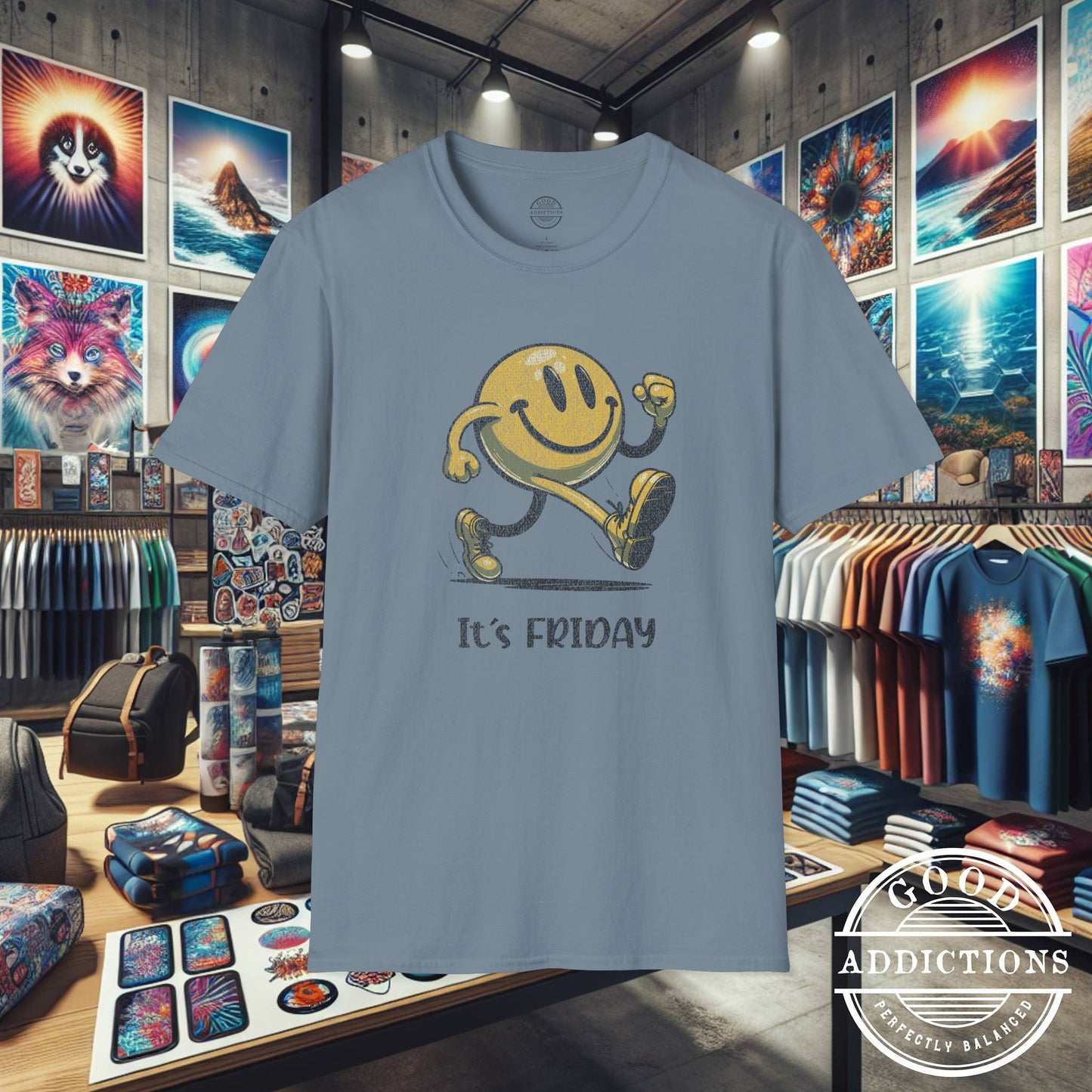 It’s Friday T-Shirt – “Smiley on the Move” Happy Vibes Tee for Weekend Lovers & Positive People