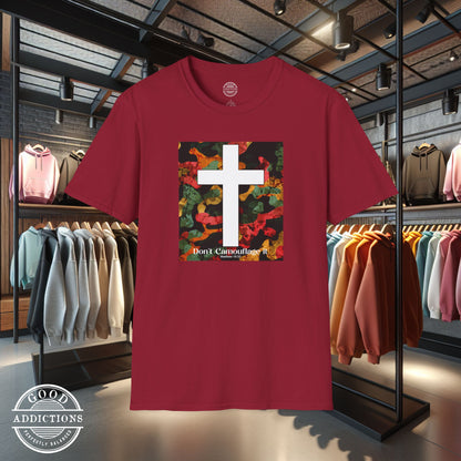 Don’t Camouflage It T-Shirt – “White Cross Over Camo” Bold Christian Tee for Faith Warriors & Believers in Battle