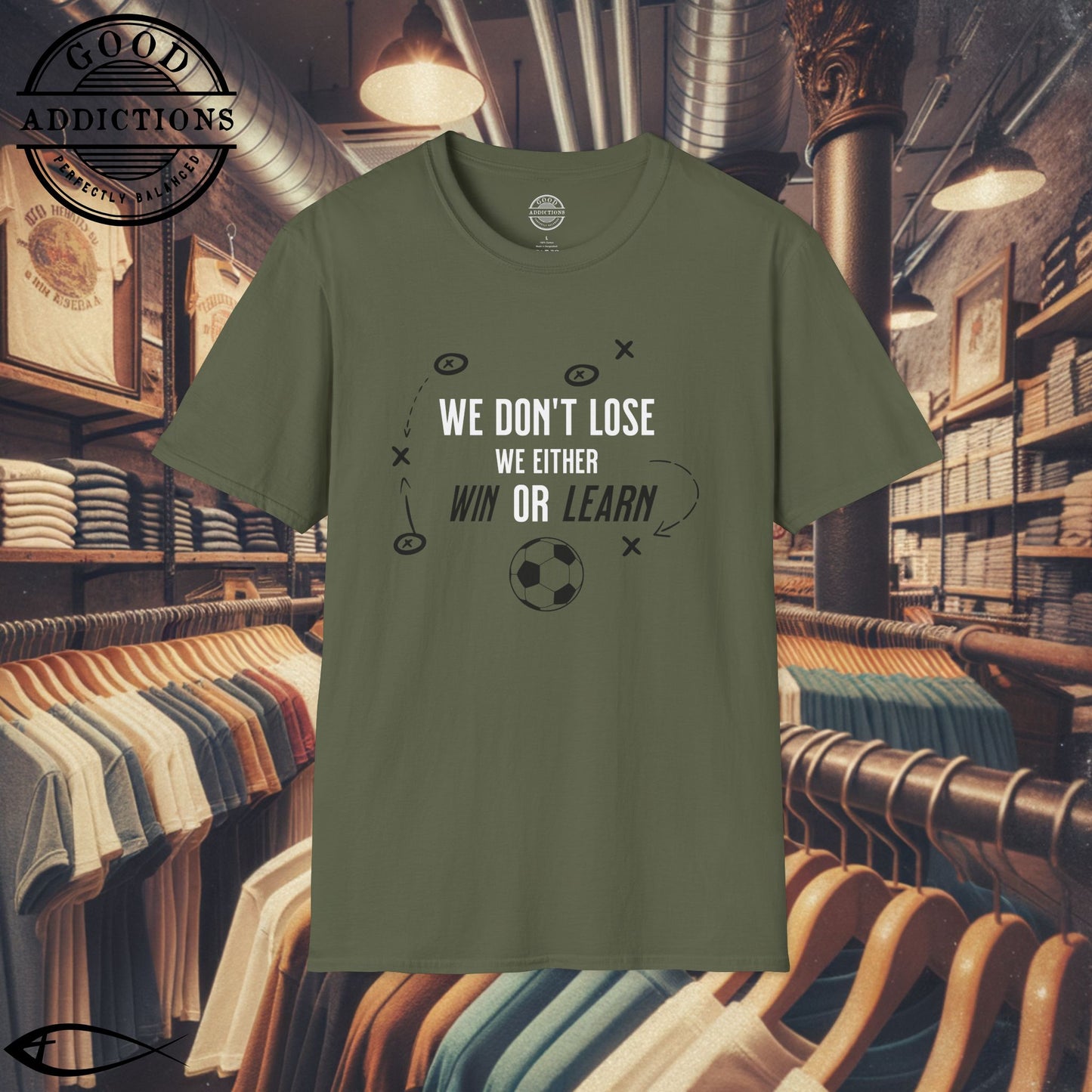 We Don’t Lose, We Either Win or Learn T-Shirt – Motivational Soccer Tee for Focused Players & Teams