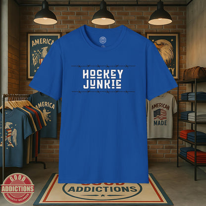 Hockey Junkie T-Shirt – “Barbed Wire Edition” Good Addictions Tee for Ice Warriors, Enforcers & Hockey Addicts