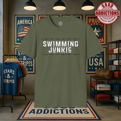 Swimming Junkie T-Shirt – “Barbed Wire Edition” Good Addictions Tee for Swimmers, Coaches & Poolside Warriors