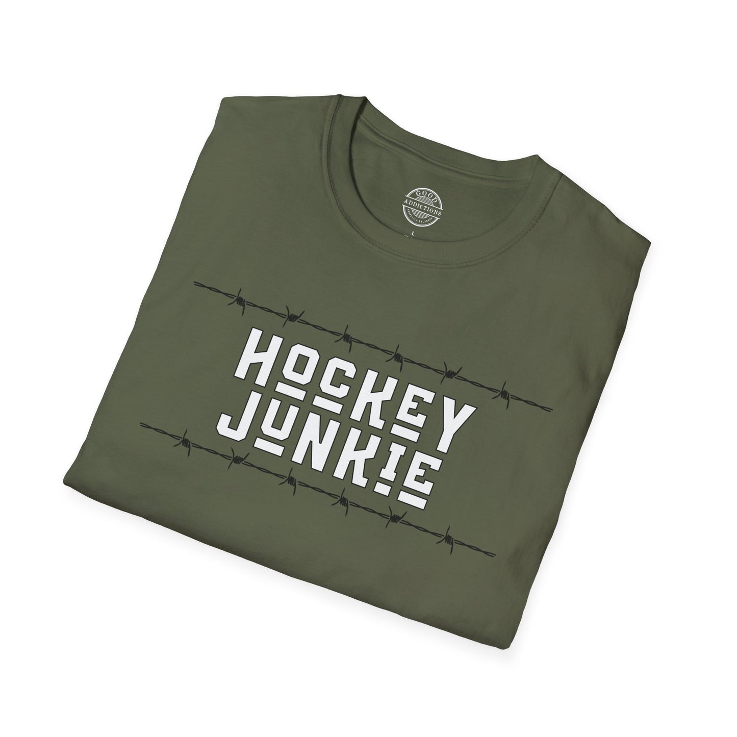 Hockey Junkie T-Shirt – “Barbed Wire Edition” Good Addictions Tee for Ice Warriors, Enforcers & Hockey Addicts