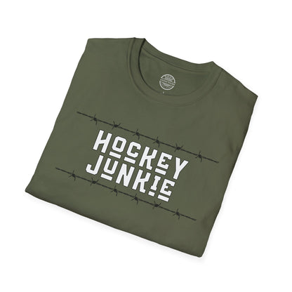 Hockey Junkie T-Shirt – “Barbed Wire Edition” Good Addictions Tee for Ice Warriors, Enforcers & Hockey Addicts
