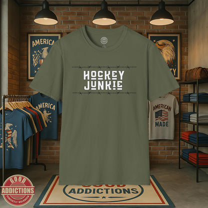 Hockey Junkie T-Shirt – “Barbed Wire Edition” Good Addictions Tee for Ice Warriors, Enforcers & Hockey Addicts
