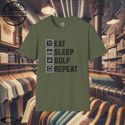 Eat Sleep Golf Repeat T-Shirt – “Golf Life Cycle” Funny Tee for Players, Weekend Warriors & Tee Time Addicts