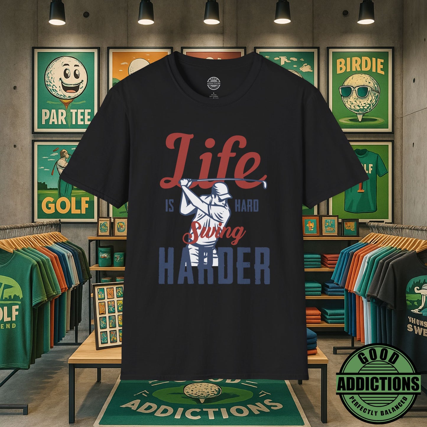 Life Is Hard Swing Harder T-Shirt – “Fairway Grit” Motivational Golf Tee for Players, Hustlers & Weekend Warriors
