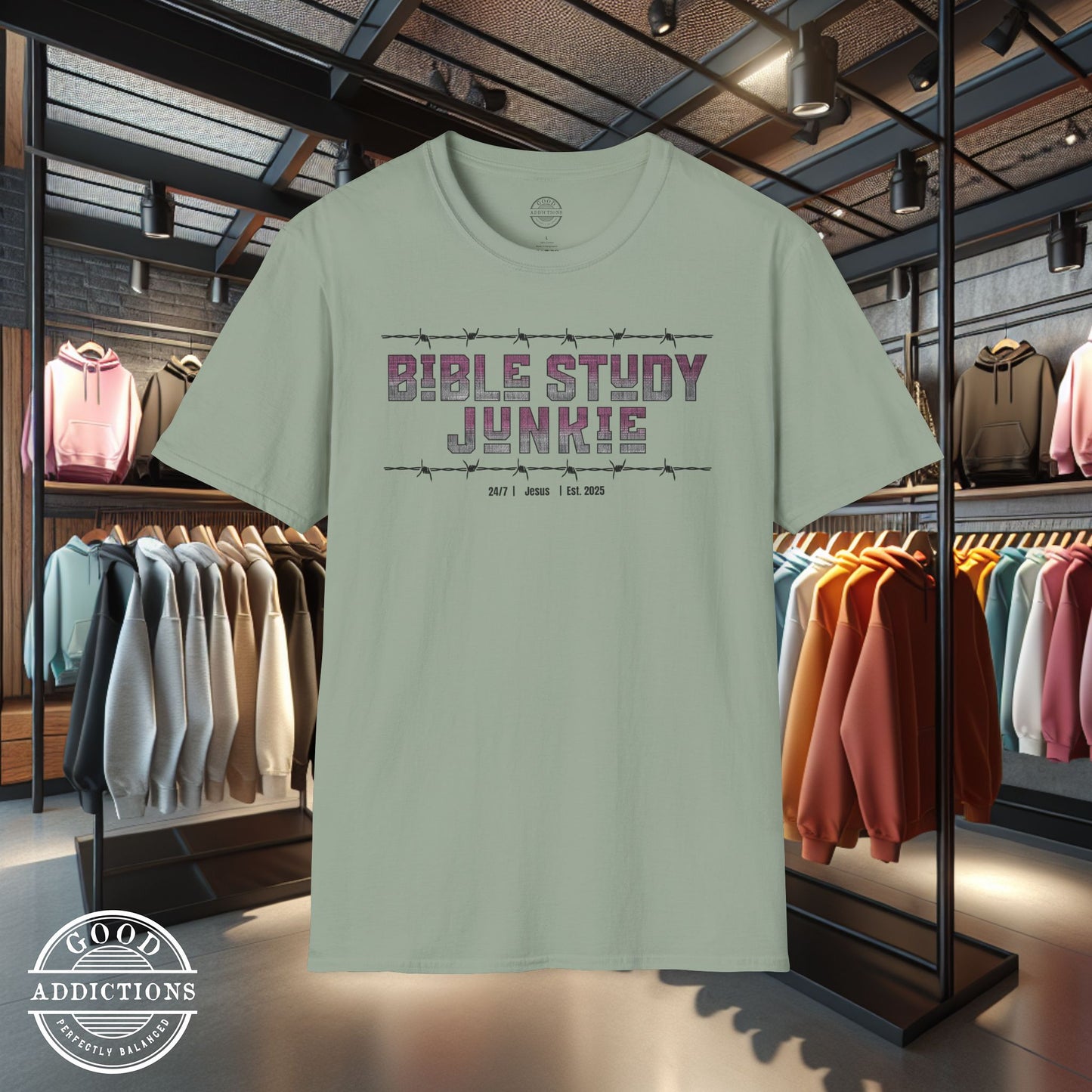 Bible Study Junkie T-Shirt – “Barbed Wire Edition” Good Addictions Tee for Faith Warriors, Word Seekers & Scripture Addicts