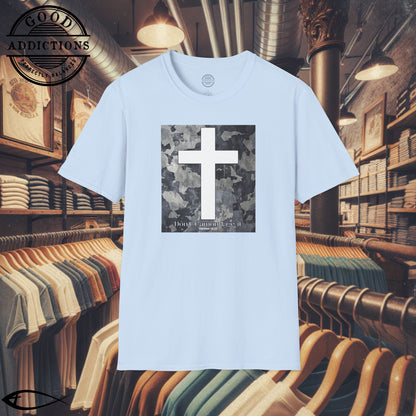 Don’t Camouflage It T-Shirt – “White Cross on Camo” Bold Christian Tee for Faith Warriors, Believers & Soldiers of Christ
