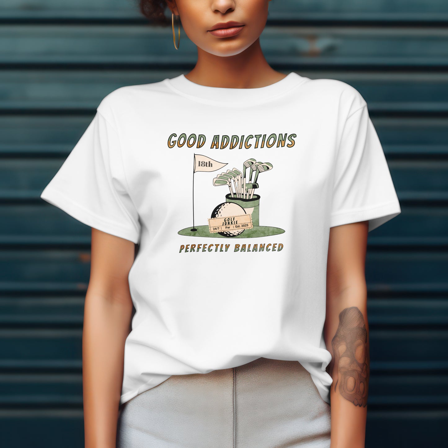 Perfectly Balanced Golf T-Shirt – “Good Addictions” Tee for Calm Competitors, Swing Seekers & Fairway Lovers