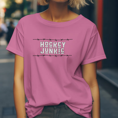 Hockey Junkie T-Shirt – “Barbed Wire Edition” Good Addictions Tee for Ice Warriors, Enforcers & Hockey Addicts
