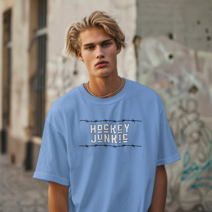 Hockey Junkie T-Shirt – “Barbed Wire Edition” Good Addictions Tee for Ice Warriors, Enforcers & Hockey Addicts