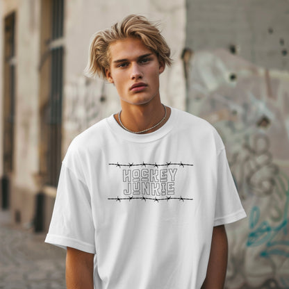 Hockey Junkie T-Shirt – “Barbed Wire Edition” Good Addictions Tee for Ice Warriors, Enforcers & Hockey Addicts