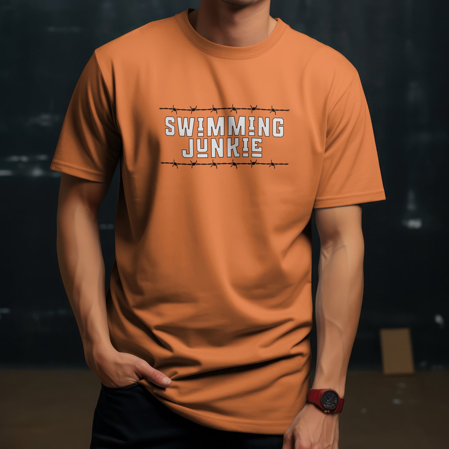 Swimming Junkie T-Shirt – “Barbed Wire Edition” Good Addictions Tee for Swimmers, Coaches & Poolside Warriors
