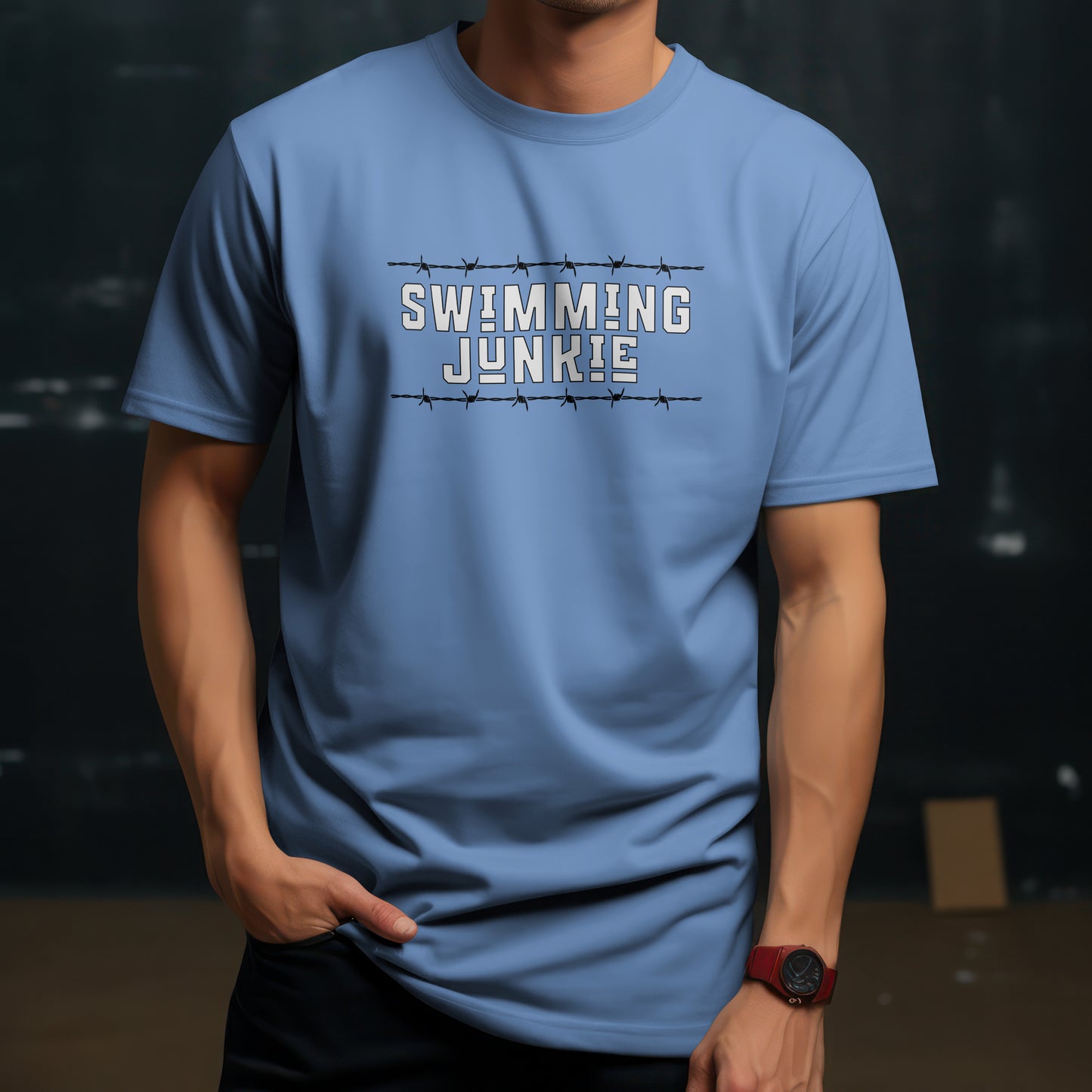 Swimming Junkie T-Shirt – “Barbed Wire Edition” Good Addictions Tee for Swimmers, Coaches & Poolside Warriors