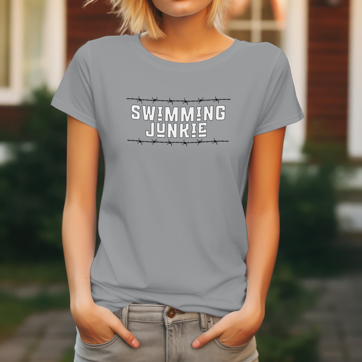 Swimming Junkie T-Shirt – “Barbed Wire Edition” Good Addictions Tee for Swimmers, Coaches & Poolside Warriors
