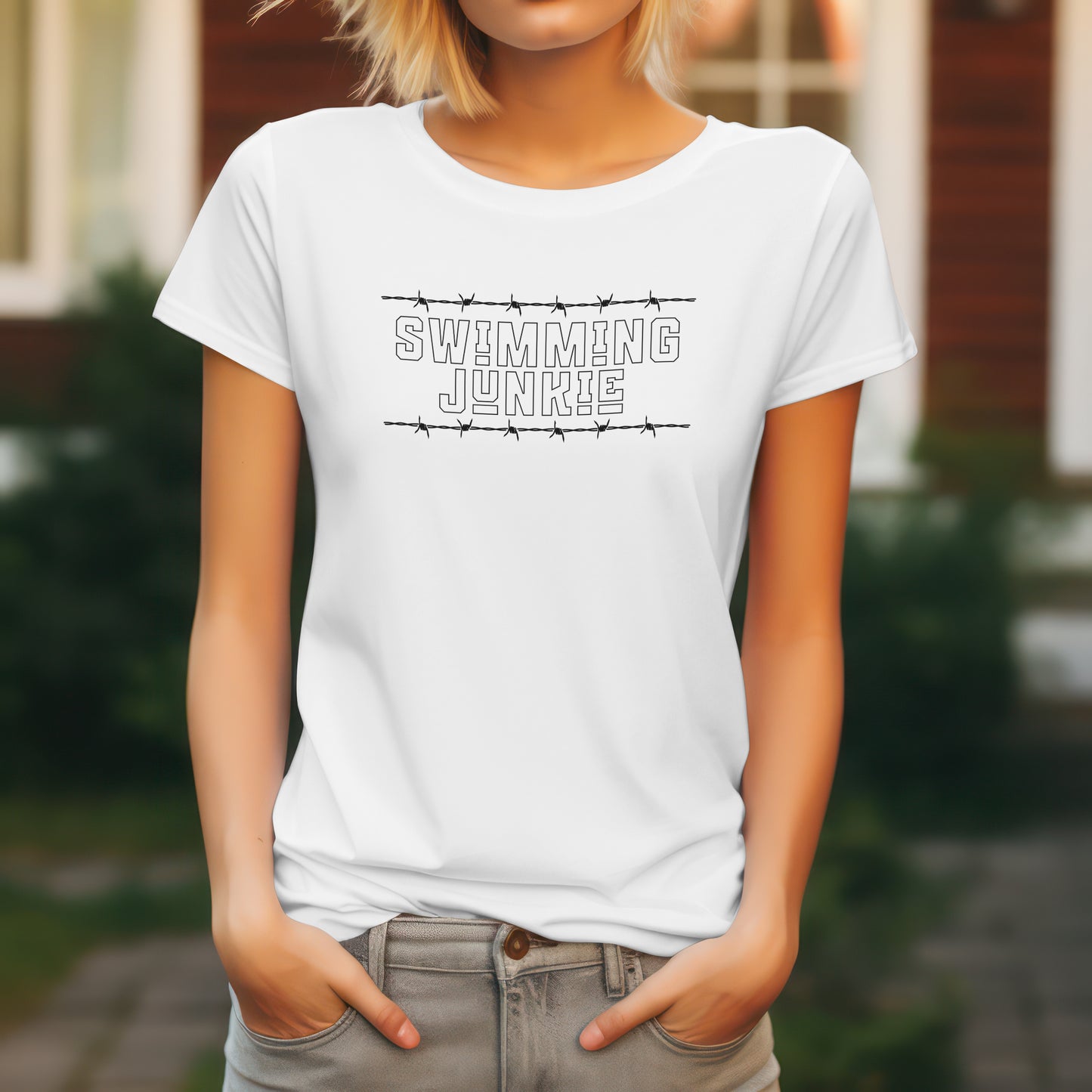 Swimming Junkie T-Shirt – “Barbed Wire Edition” Good Addictions Tee for Swimmers, Coaches & Poolside Warriors