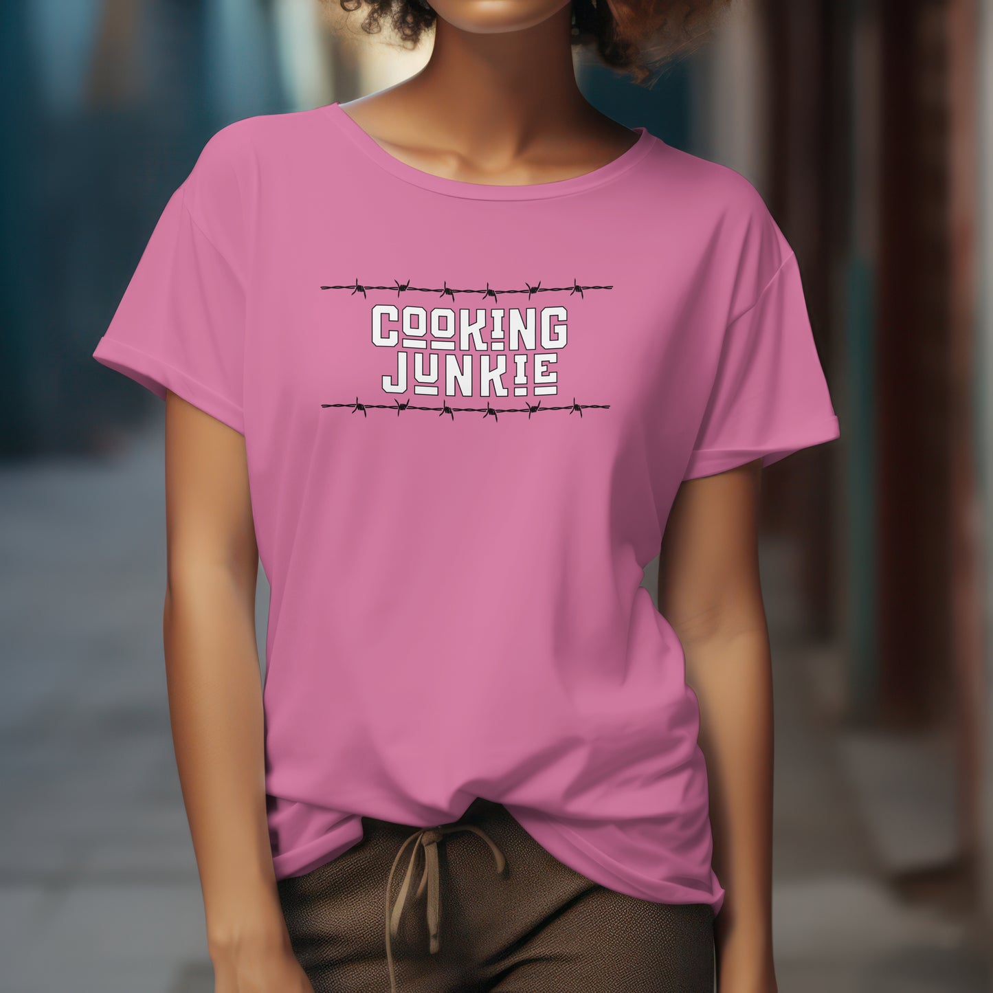 Cooking Junkie T-Shirt – “Barbed Wire Edition” Good Addictions Tee for Chefs, Foodies & Culinary Rebels