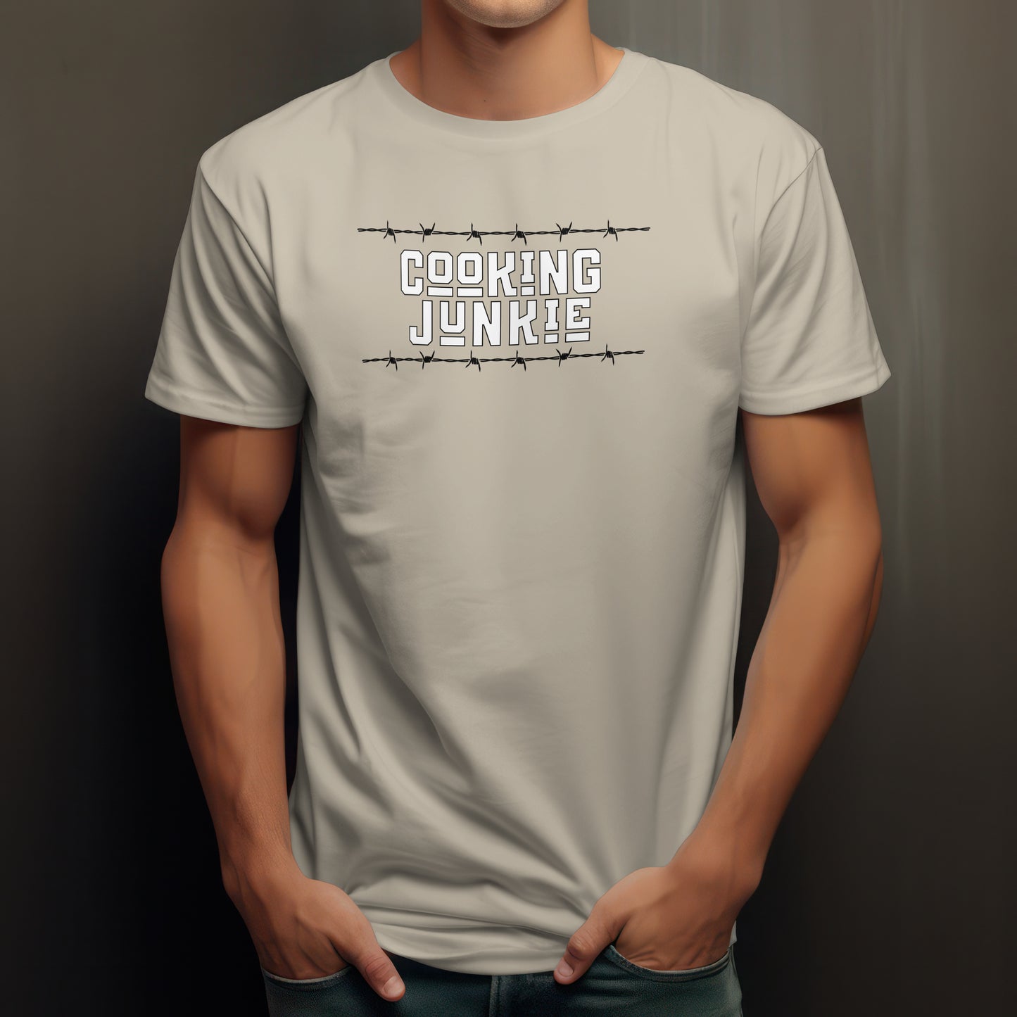 Cooking Junkie T-Shirt – “Barbed Wire Edition” Good Addictions Tee for Chefs, Foodies & Culinary Rebels