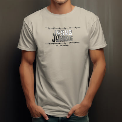 Jesus Junkie T-Shirt – “Barbed Wire Edition” Good Addictions Tee for Faith Warriors, Bold Believers & Kingdom Soldiers