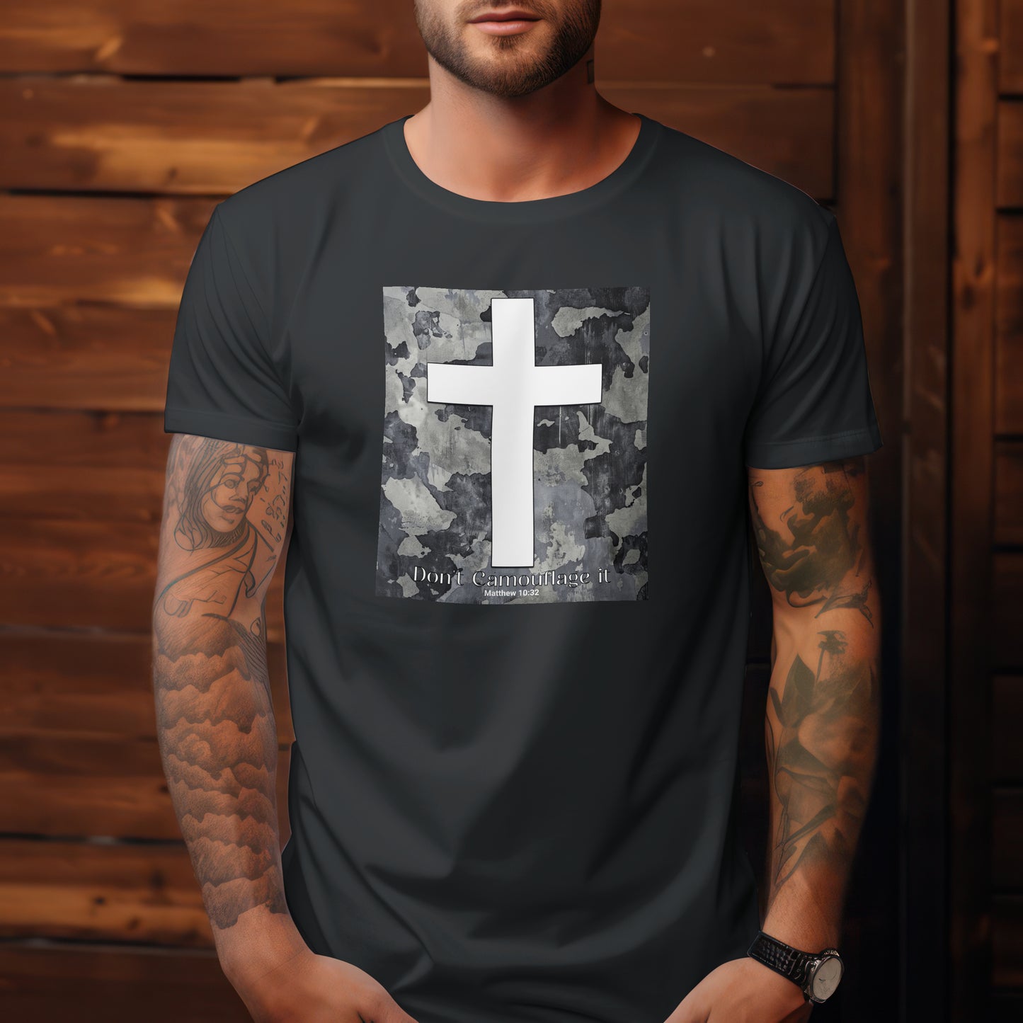 Don’t Camouflage It T-Shirt – “White Cross on Camo” Bold Christian Tee for Faith Warriors, Believers & Soldiers of Christ