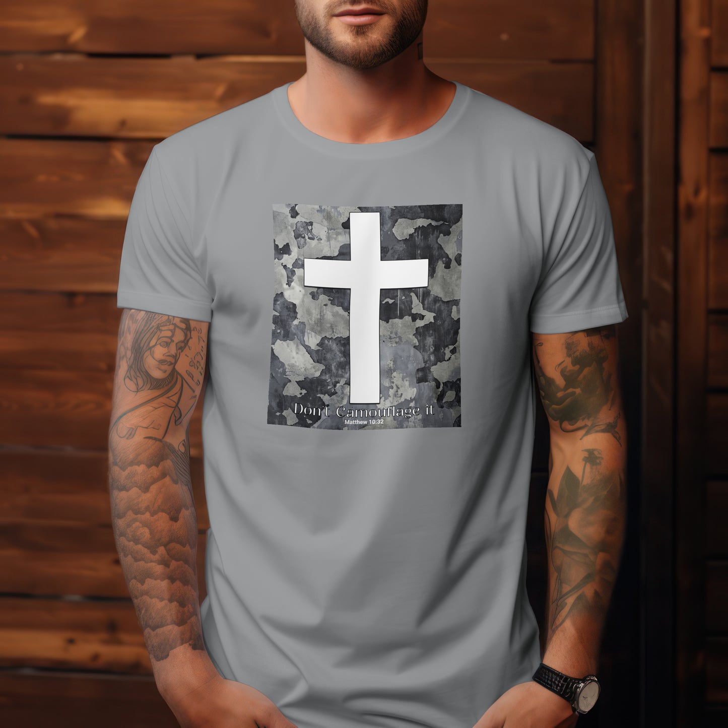 Don’t Camouflage It T-Shirt – “White Cross on Camo” Bold Christian Tee for Faith Warriors, Believers & Soldiers of Christ