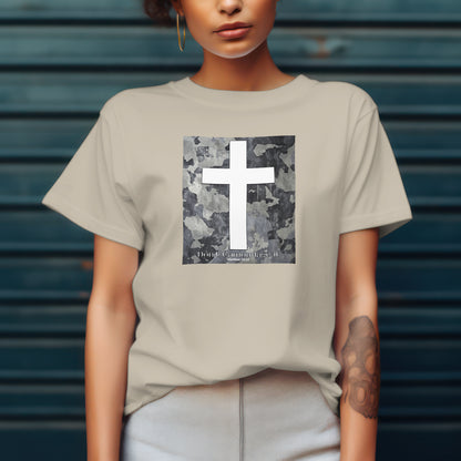 Don’t Camouflage It T-Shirt – “White Cross on Camo” Bold Christian Tee for Faith Warriors, Believers & Soldiers of Christ